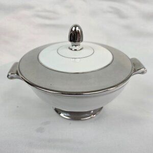 Sango Plantina Sugar Bowl and Lid White with Gray Band & Platinum Trim